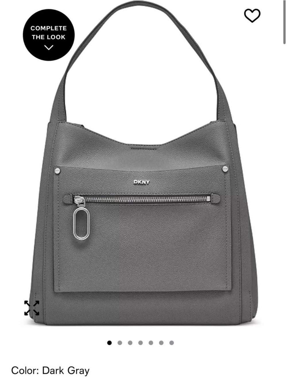 DKNY Dark Gray Pebble Leather Shoulder Bag with Front Zip Pocket
